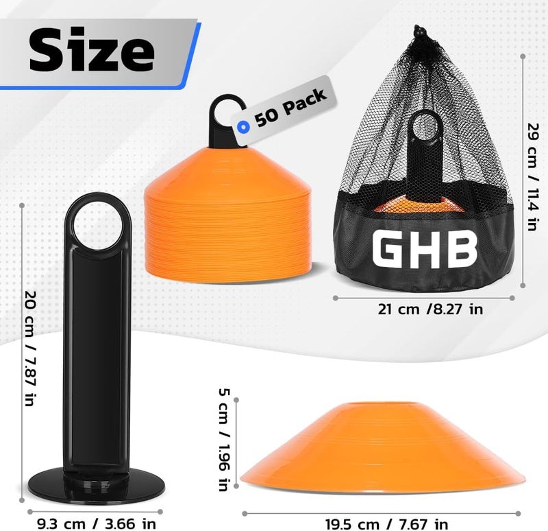 GHB Soccer Cones 25/50/100 Pack Disc Soccer Sport Cones Training Field Marker Agility Cones for Traffic, Basketball, Coaching, Practice Equipment Includes Cone Drills Guide - Image 3